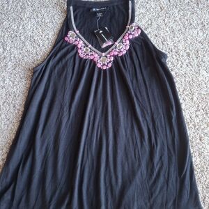INC International Concepts Black Sleeveless Tank with Pink Beaded Neckline
